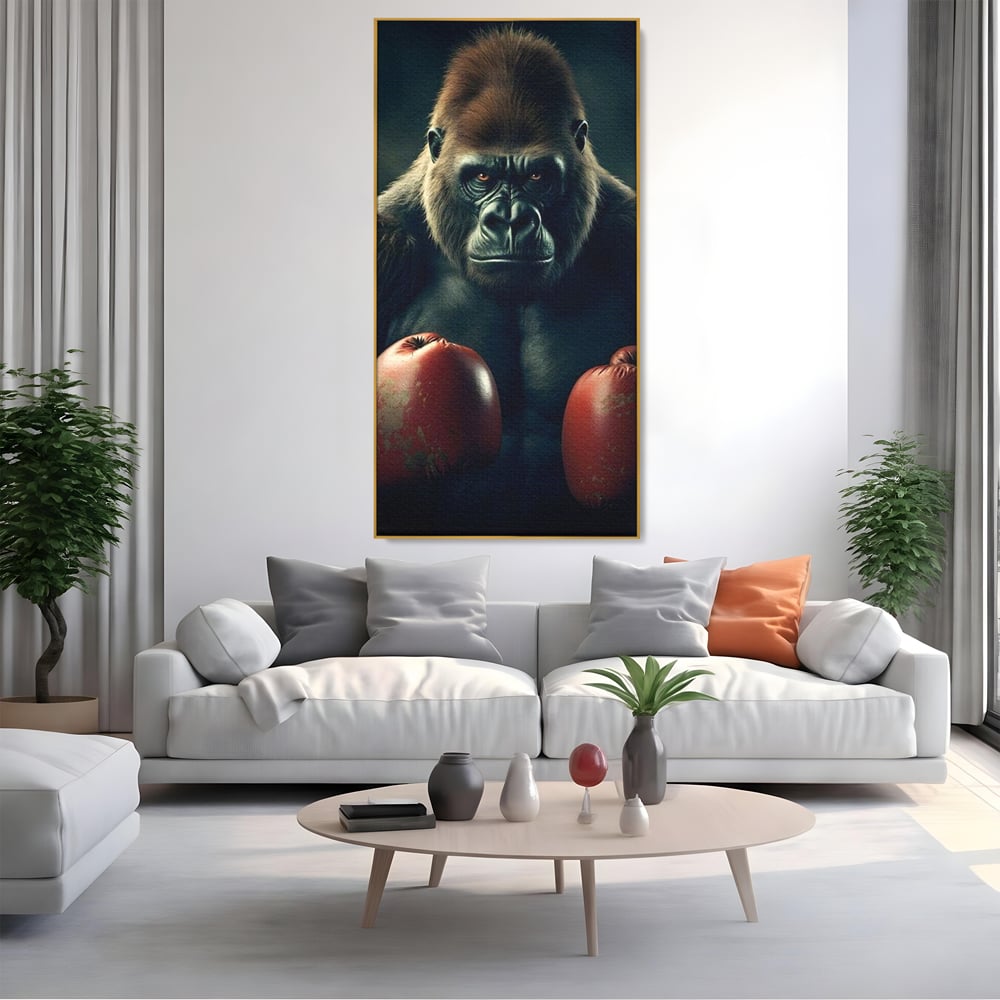 Tablou canvas cu tablou canvas cu gorila boxer, in rama de aluminiu auriu, pe perete intr-un living